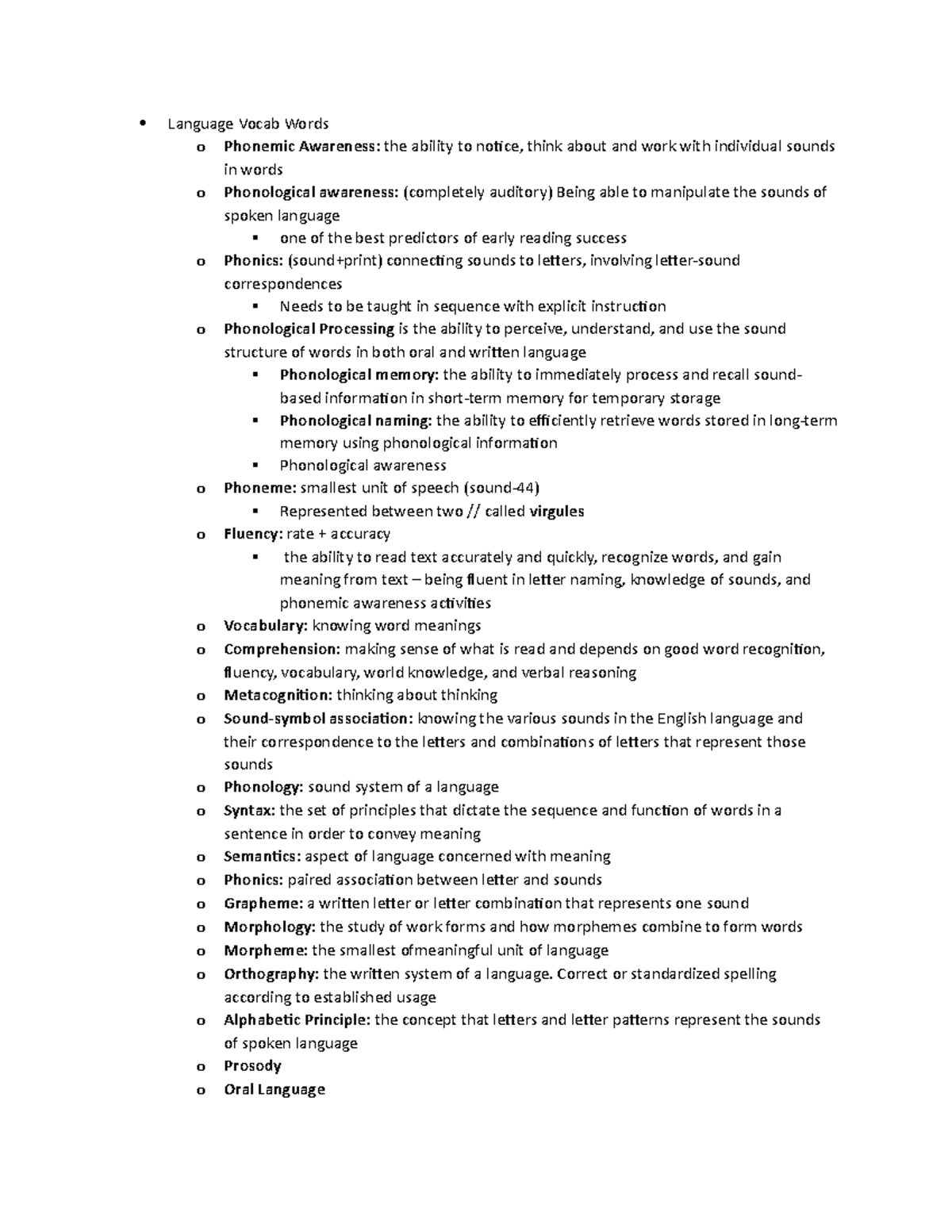 LA Reading Notes Language Vocab Words o Phonemic Awareness the