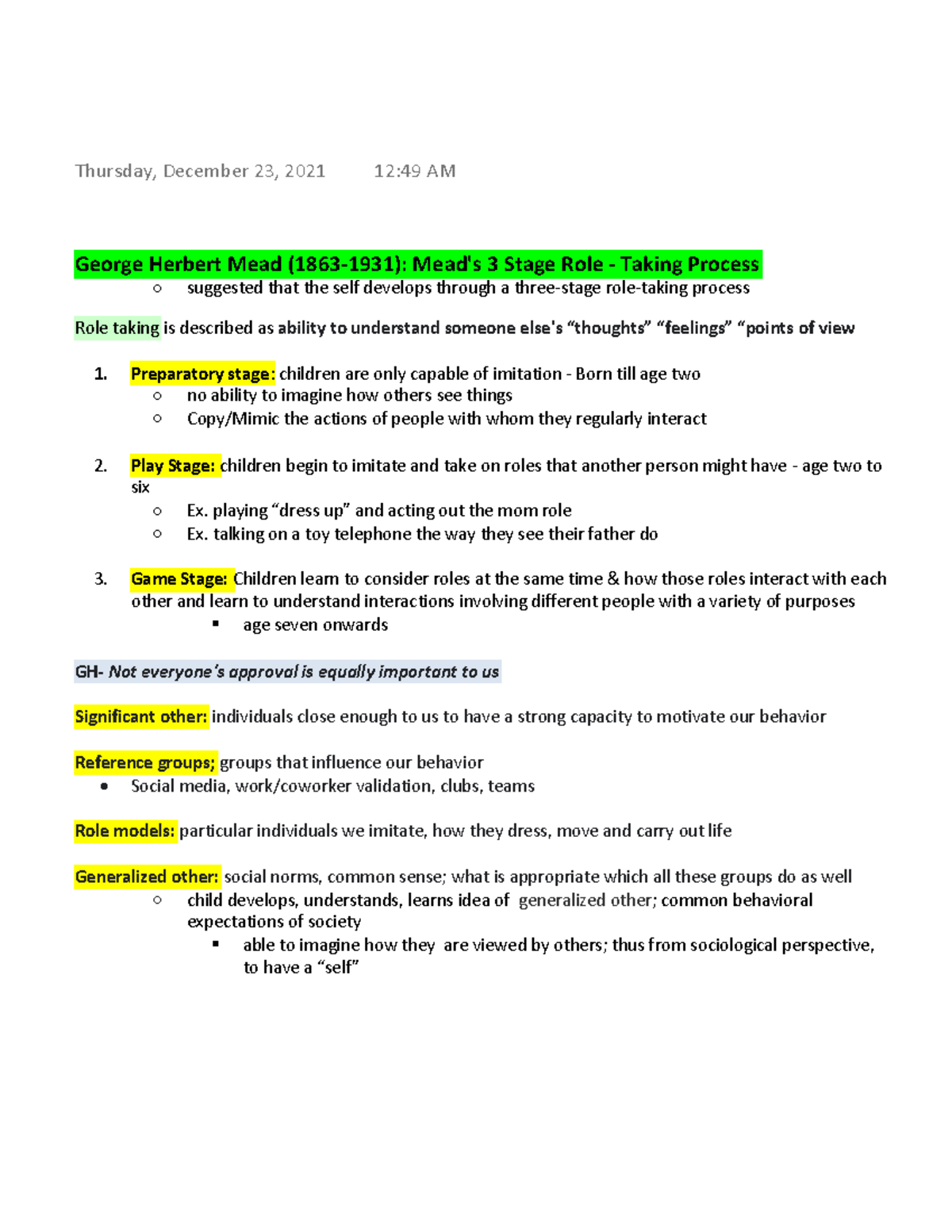 Herbert Mead (18631931) Mead's 3 Stage Role Taking Process