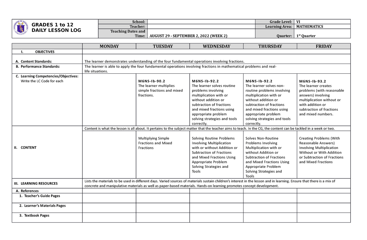 DLL Mathematics 6 Q1 W2 - Math - GRADES 1 To 12 DAILY LESSON LOG School ...