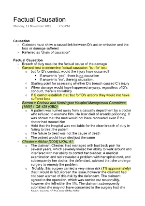 Tort - key cases on Causation - Causation Factual Causation o ‘But for ...