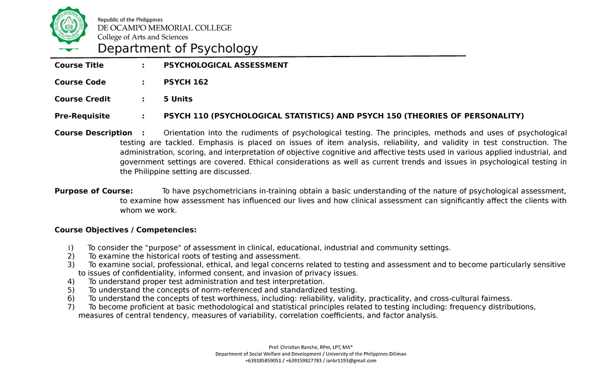 Psychological Assessment Syllabi Republic of the Philippines DE