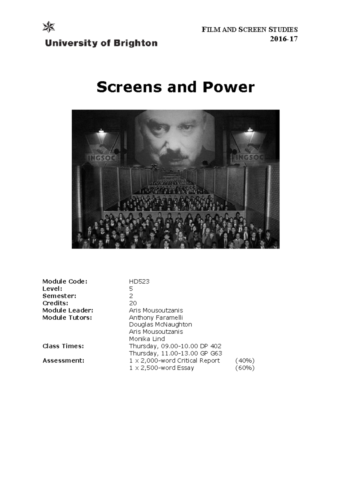 HD523 Screens and Power 2017 - FILM AND SCREEN STUDIES 2016- Screens ...