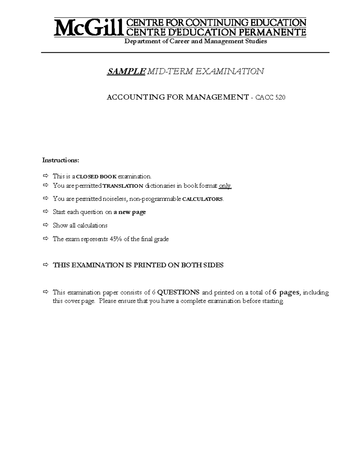 Sample MID - quiz - Department of Career and Management Studies SAMPLE ...