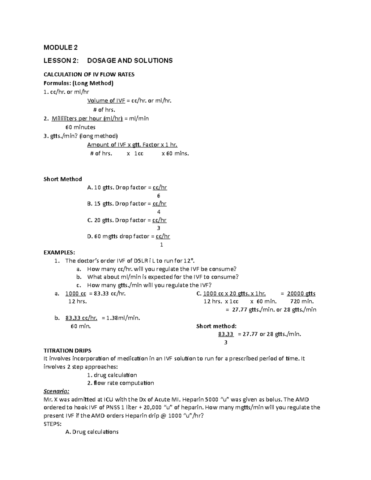 Nursing Calculations of Intravenous fluids and Titration Drips MODULE