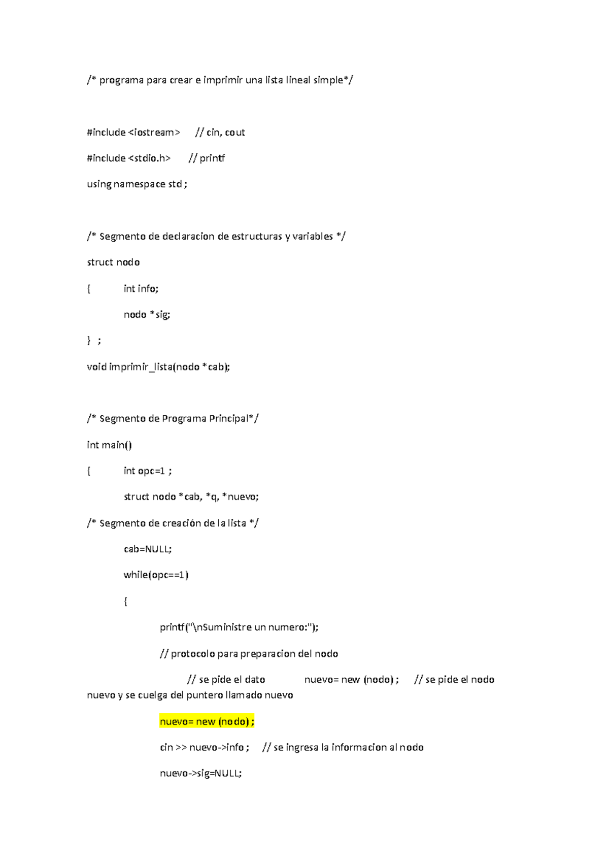 Crea lista simple C++ - preparara - /* programa para crear e imprimir ...