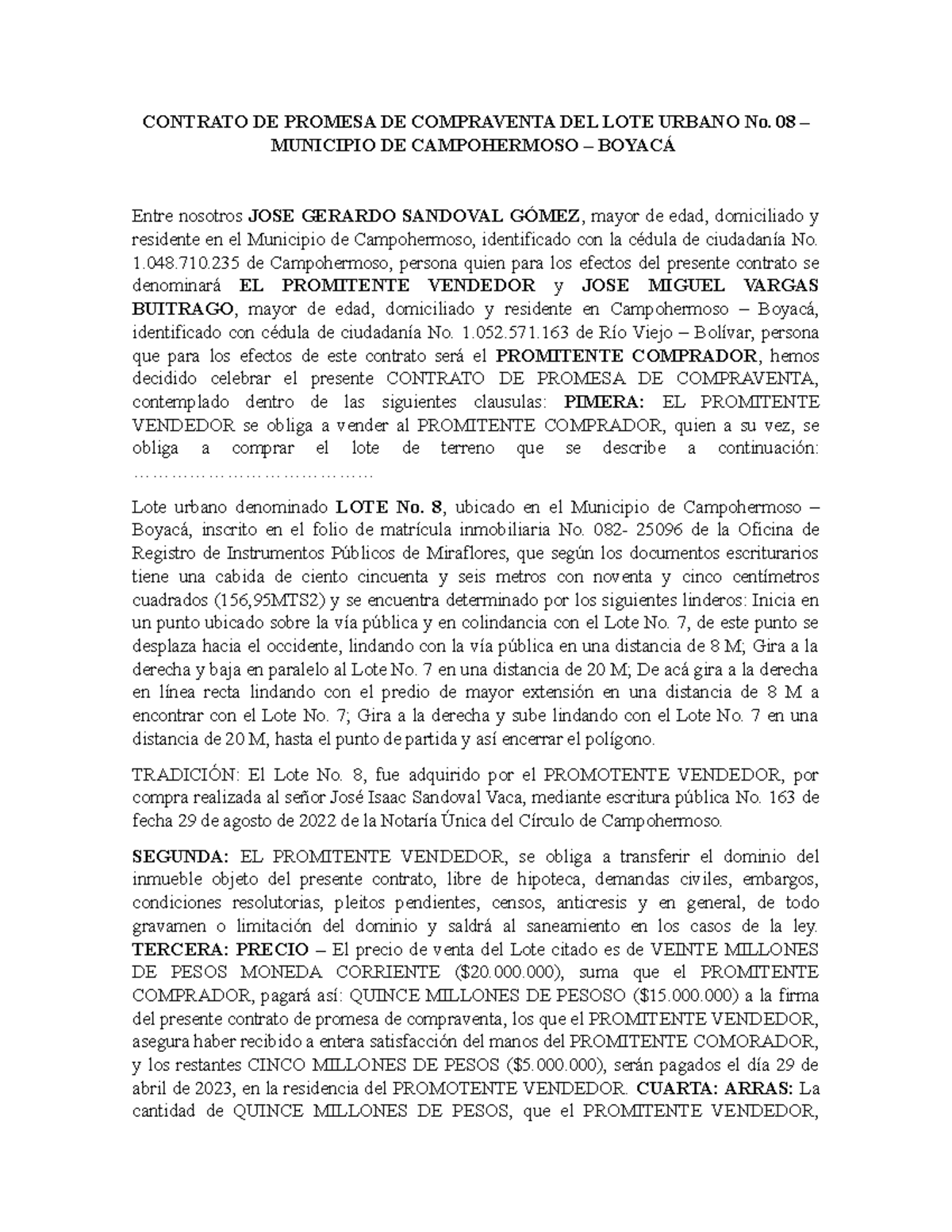 Promesa De Compraventa Lote No 08 Contrato De Promesa De