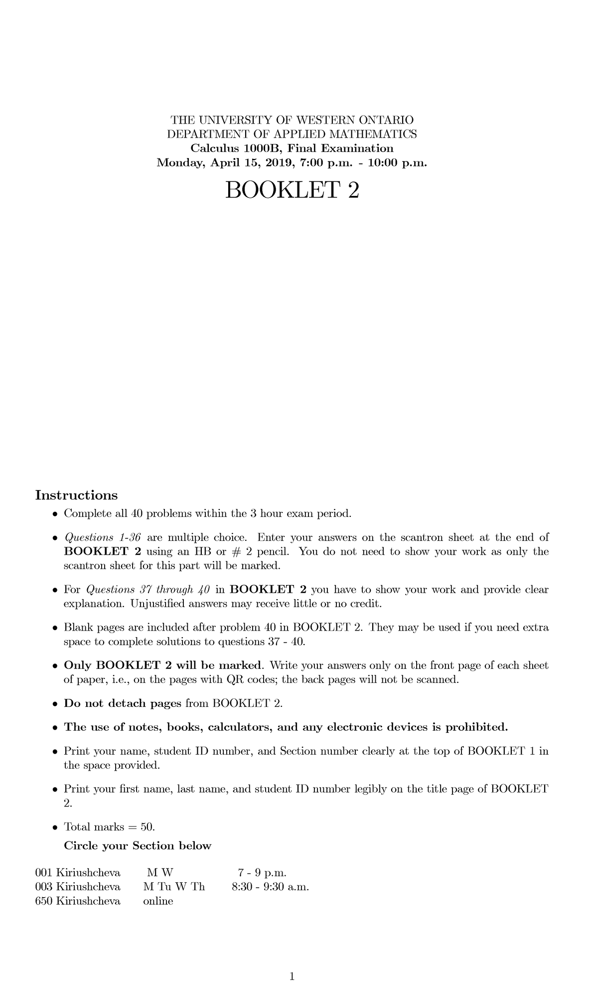 Calculus 1000b final booklet 2 2019 - THE UNIVERSITY OF WESTERN ONTARIO ...