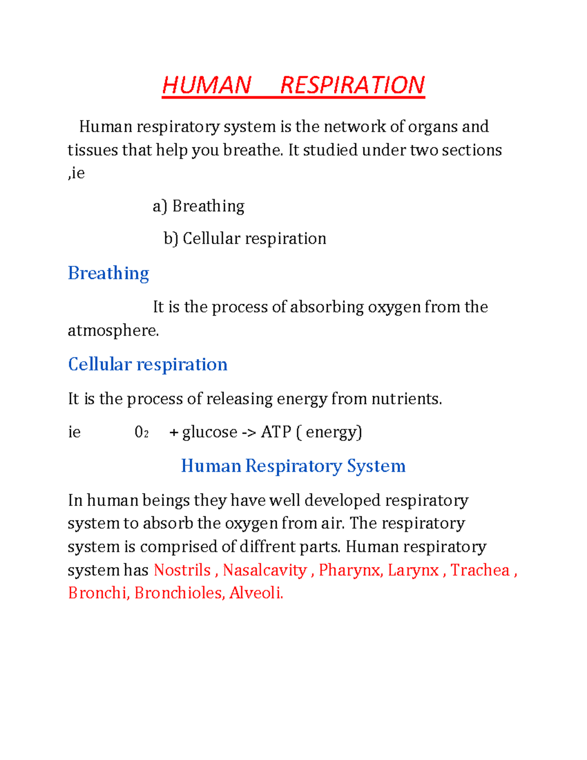 Respiration - HUMAN RESPIRATION Human respiratory system is the network ...