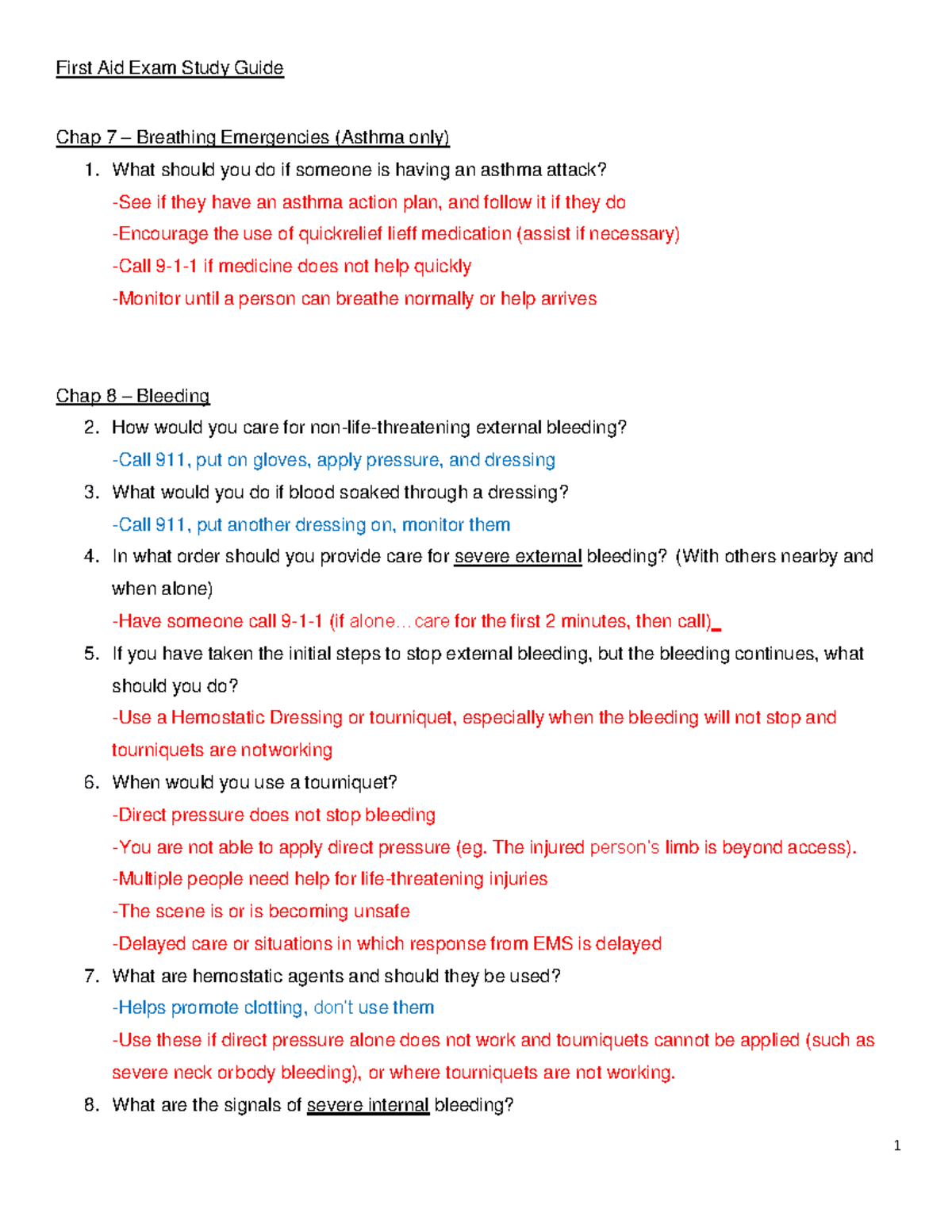 Study Questions Ch8 19 First Aid Exam First Aid Exam Study Guide Chap