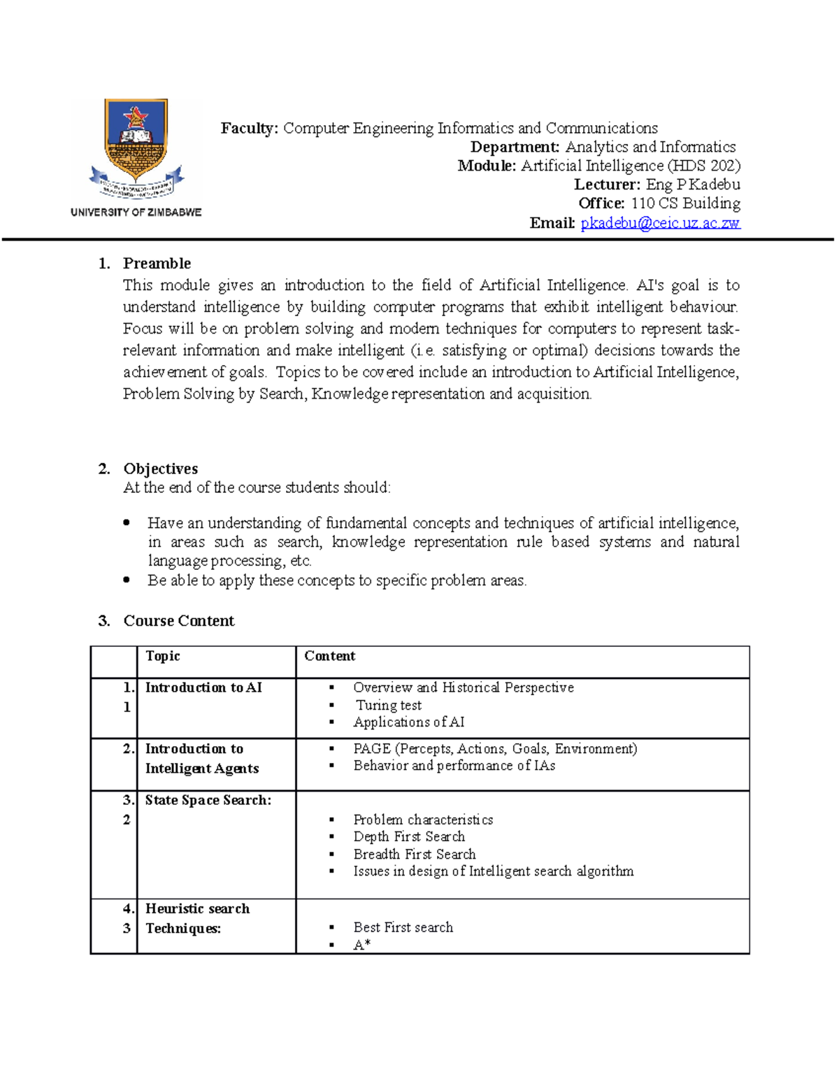 HDS202 Artificial Intelligence Module outline 2021 - Faculty: Computer ...