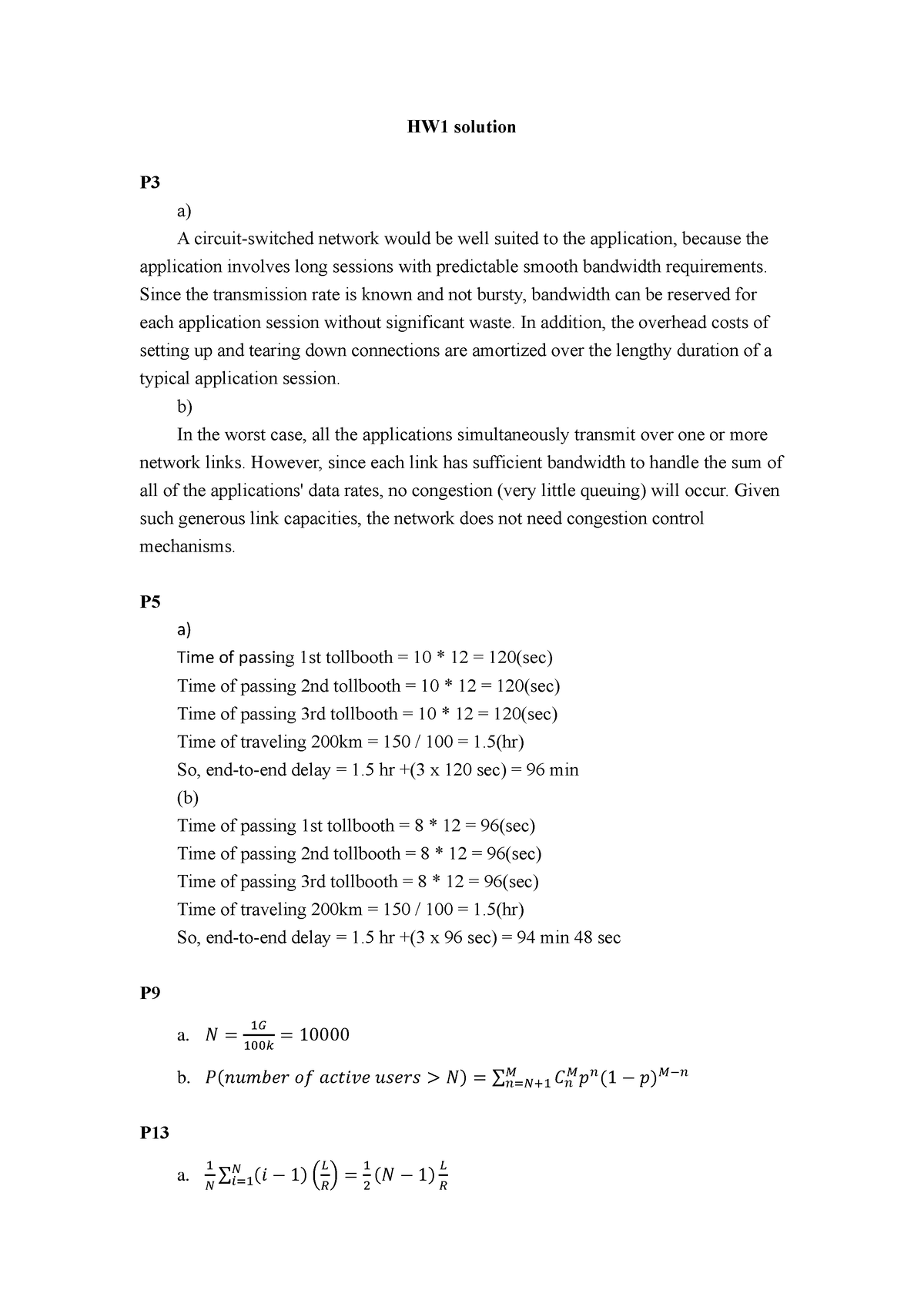 HW1 Sol - Hw1 - HW1 Solution P A) A Circuit-switched Network Would Be ...