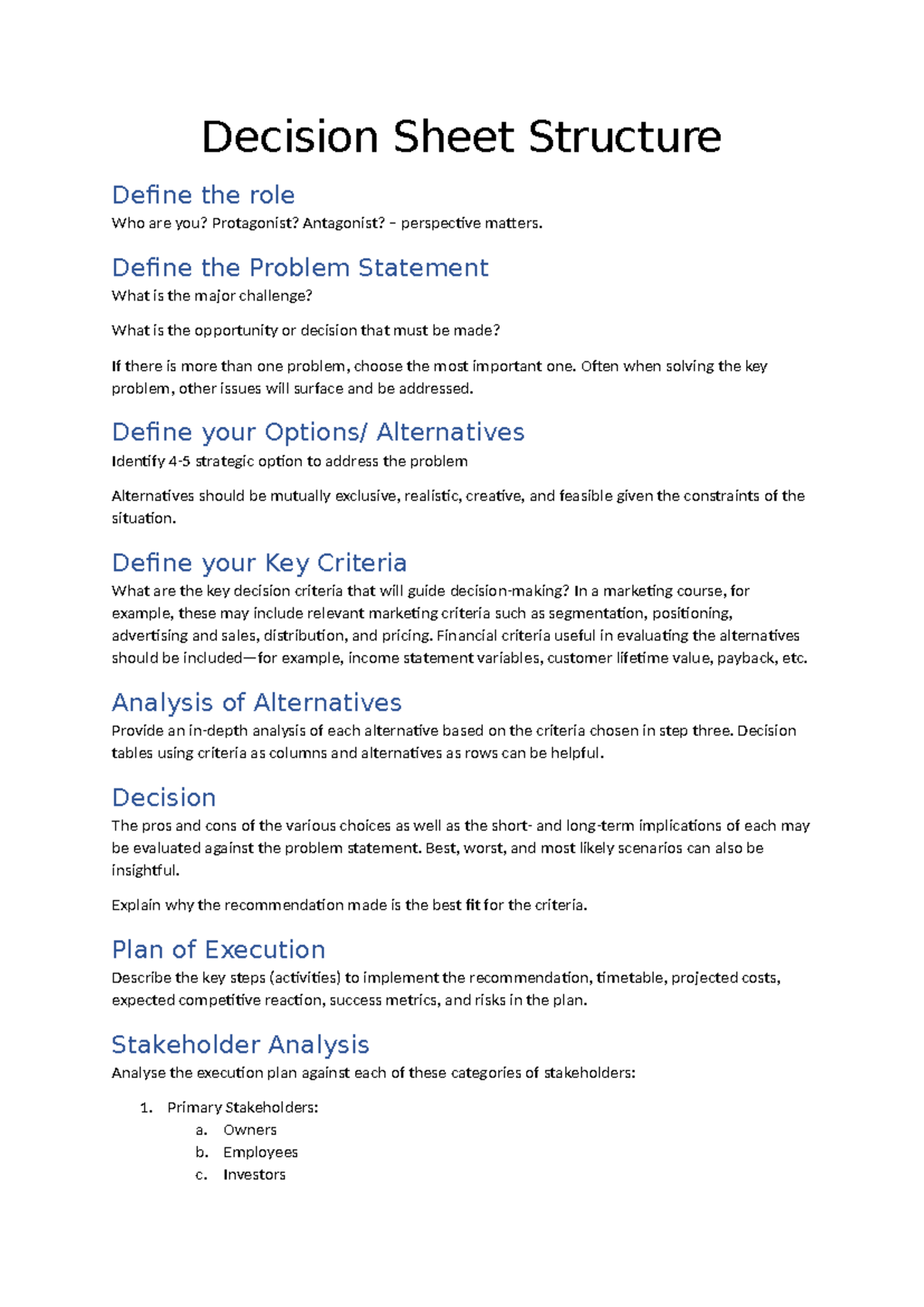 Decision Sheet Structure - Decision Sheet Structure Define the role Who ...