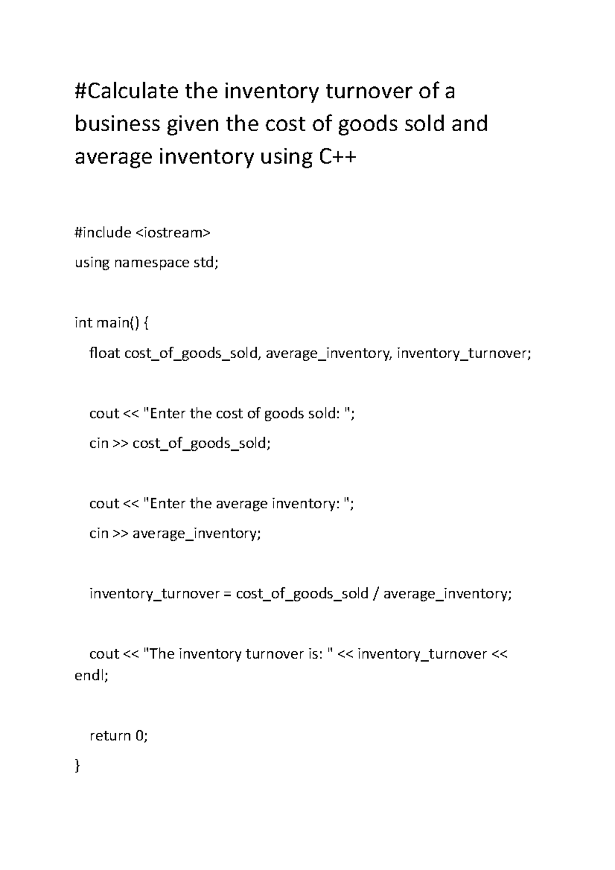 Goods sold and average inventory using C++ - #Calculate the inventory ...
