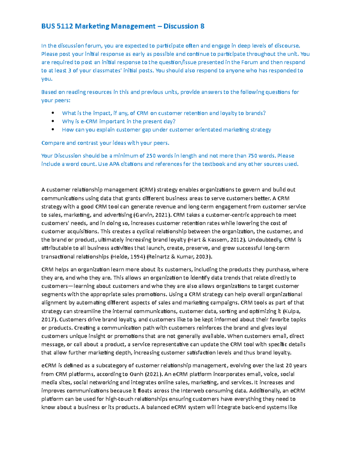 BUS 5112 - Discussion 8 - BUS 5112 Marketing Management – Discussion 8 ...