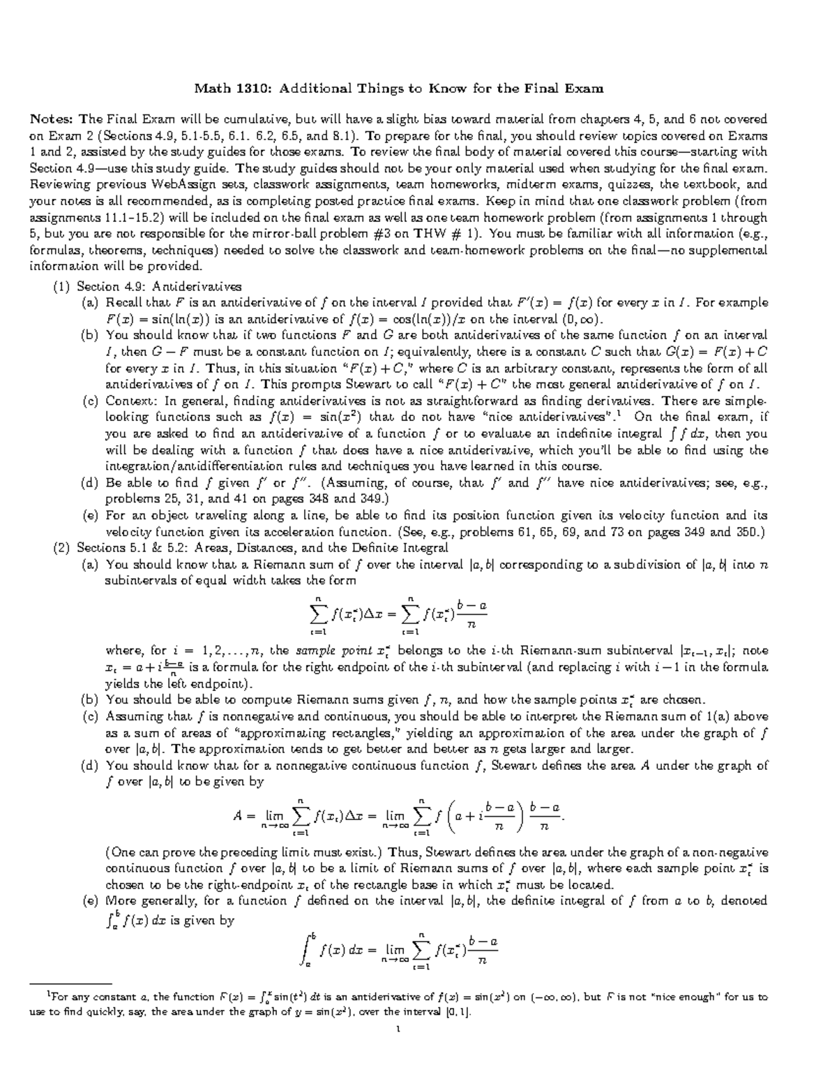 Exam 3 Study Guide - Math 1310: Additional Things to Know for the Final ...