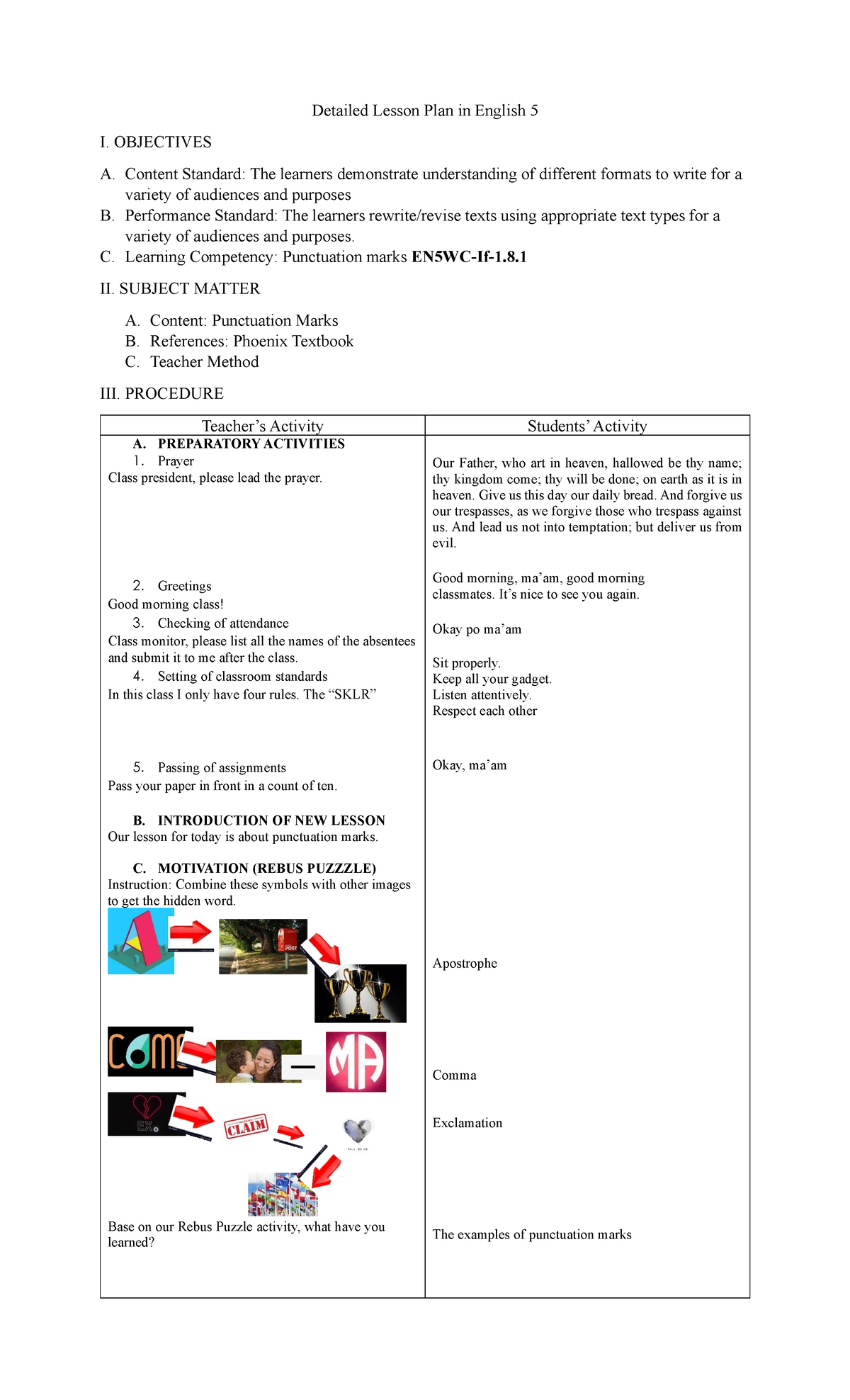 Detailed Lesson Plan in English 5 - OBJECTIVES A. Content Standard: The ...