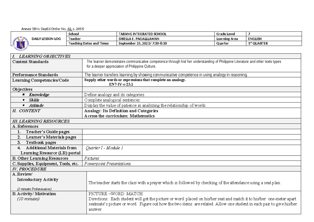 Dlp Cot Q1 Eng7 Module 1 Daily Lesson Plan Annex 1b To Deped Order