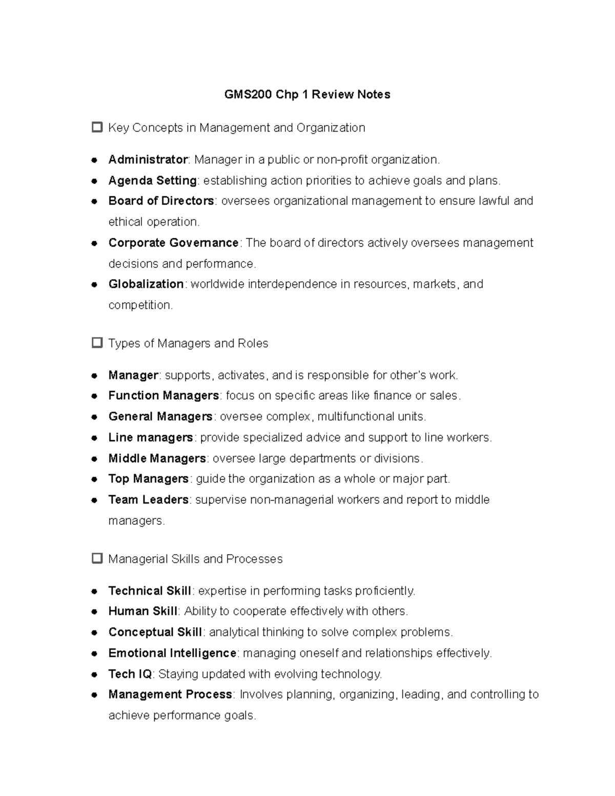 GMS200 Chp 1 - Summary Management - GMS200 Chp 1 Review Notes Key ...