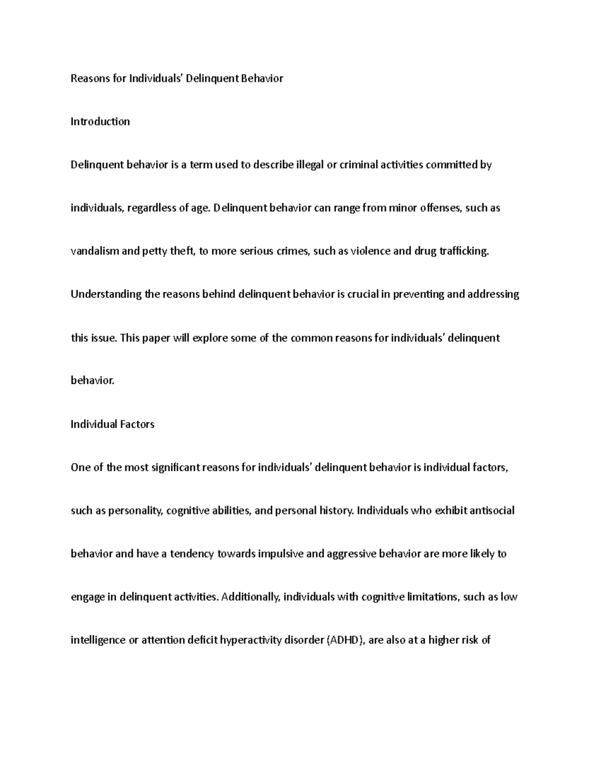 CT2 notes Reasons for Individuals' Delinquent Behavior Introduction