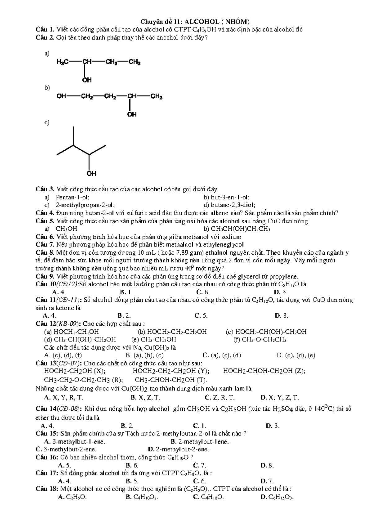 17 Chuyên đề 11 Alcohol - hucare - Chuyên đề 11: ALCOHOL ( NHÓM) Câu 1 ...