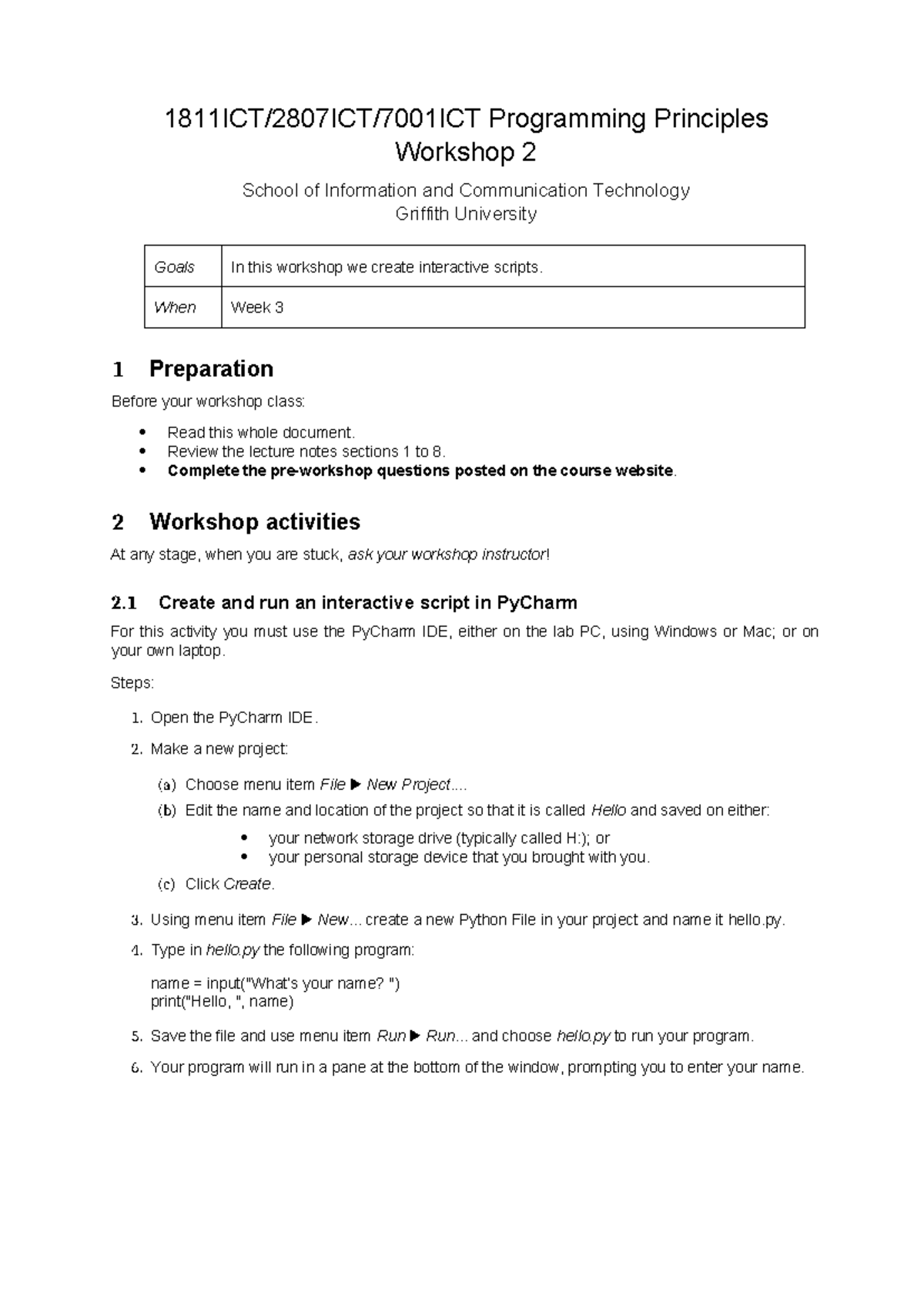 PP-WS02 - workshop tute - 1811ICT/2807ICT/7001ICT Programming ...