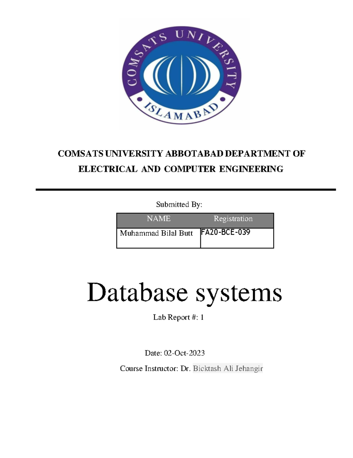 DB lab report - COMSATS UNIVERSITY ABBOTABAD DEPARTMENT OF ELECTRICAL ...