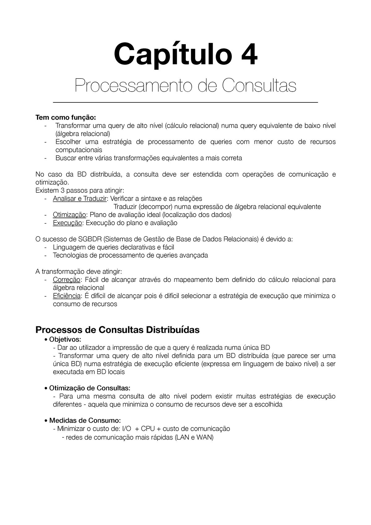 Capitulo 2 - Resumo Bases De Dados - 4 Processamento De Consultas Tem ...