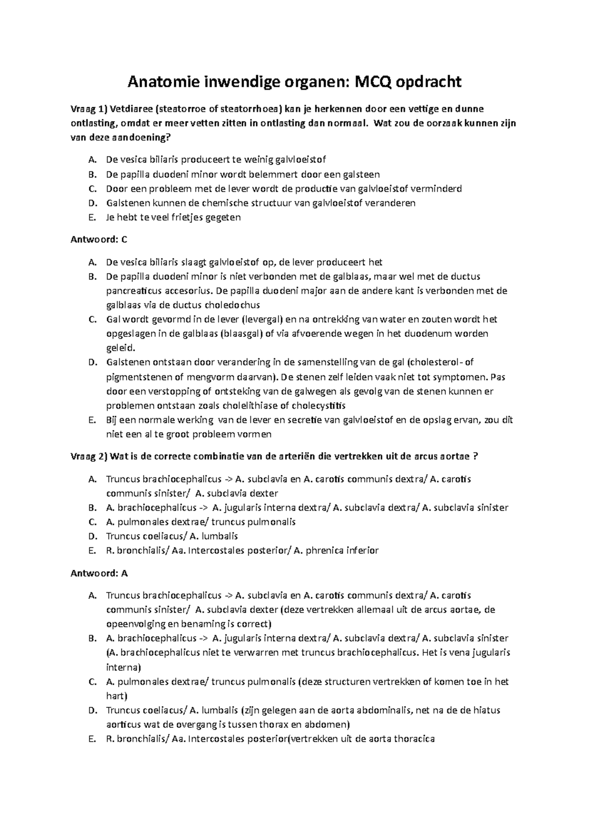 MCQ Opdracht Anatomie Inwendige Organen - Anatomie Inwendige Organen ...