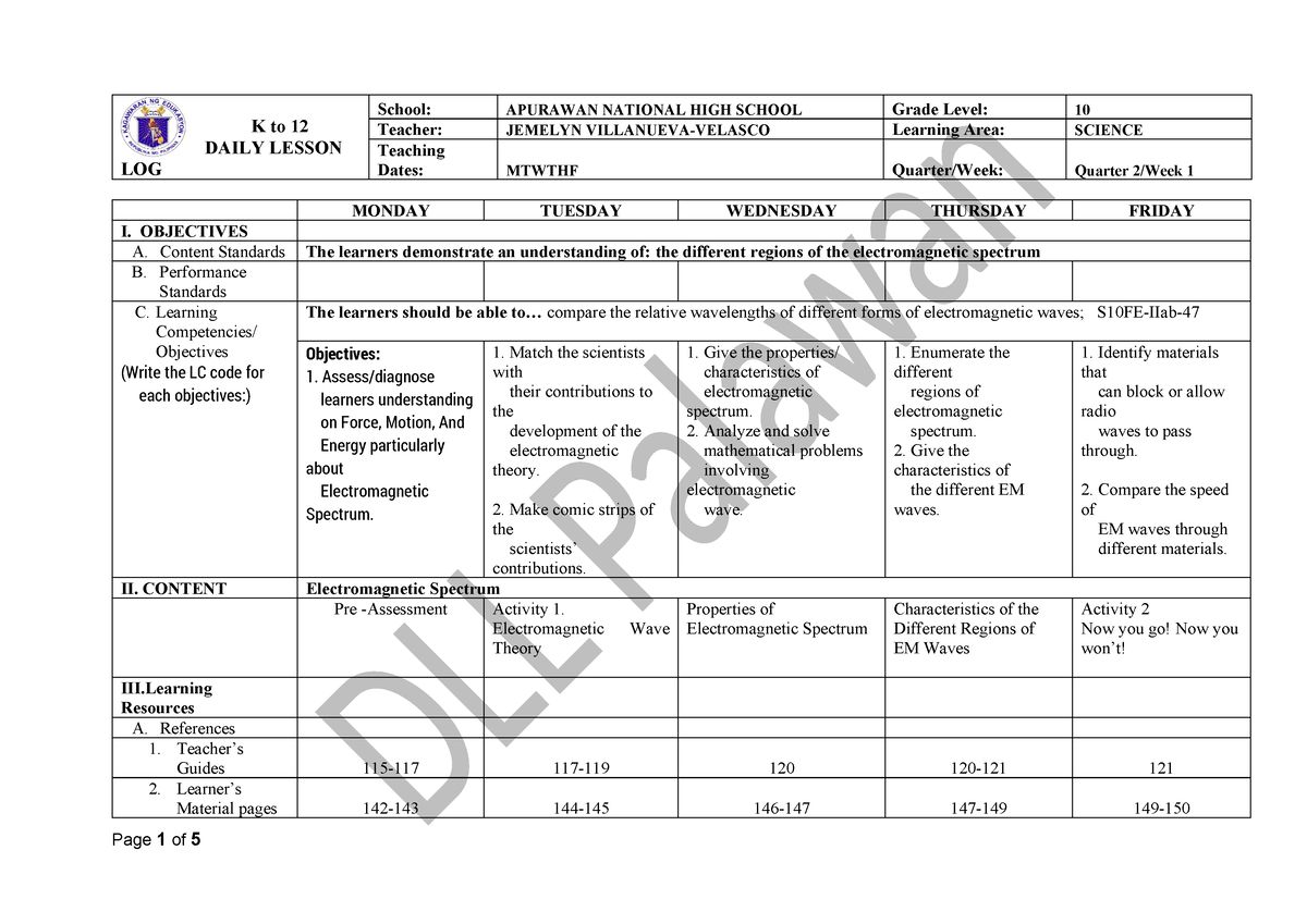 DLL Science Grade 10 Quarter 2 Week1 (Palawan Division) - K To 12 DAILY ...