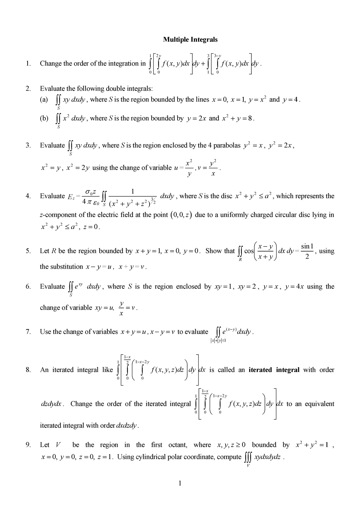 Exercise Multiple Integrals 1 MA2001 Assignment For Multiple Integrals Change The Order Of The 