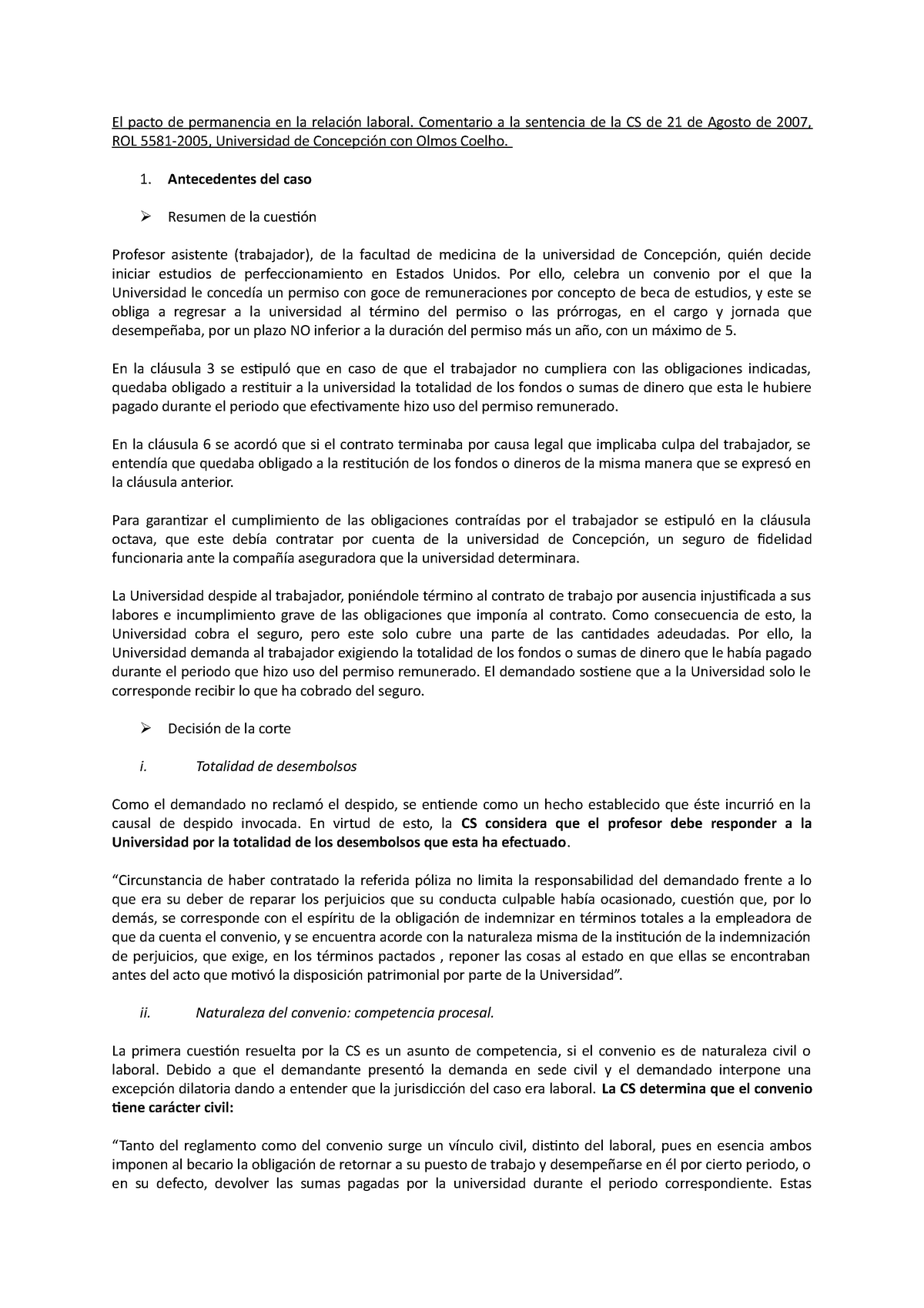 Laboral Derechos del trabajador - El pacto de permanencia en la relación  laboral. Comentario a la - Studocu