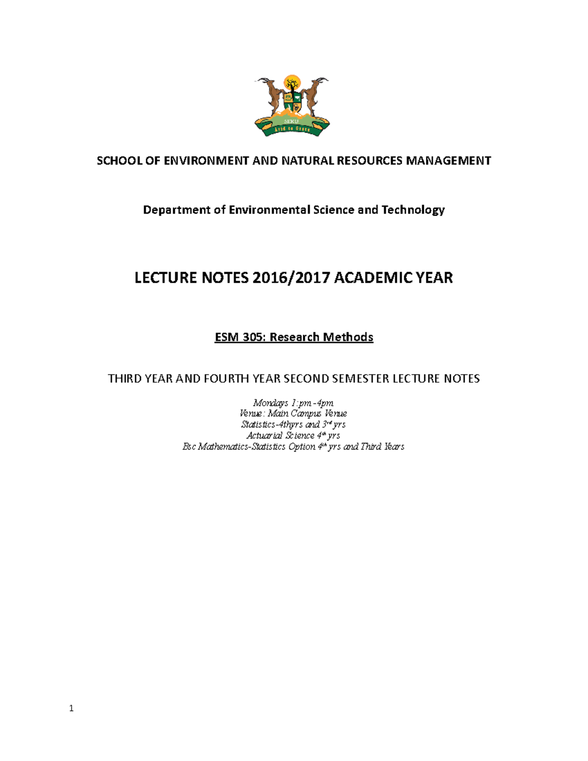 ESM 305 Research Methods Lecture Notes (Autosaved) 2016 2017 SCHOOL