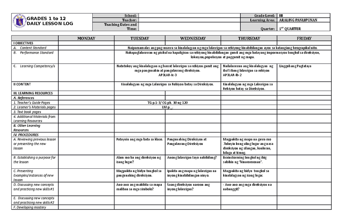 DLL Araling Panlipunan 3 Q1 W2 - GRADES 1 to 12 DAILY LESSON LOG School ...