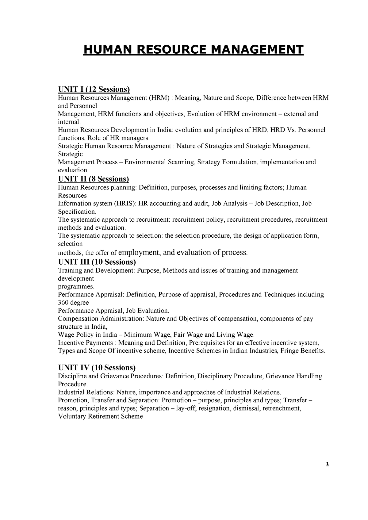 HRM Notes- Introduction - HUMAN RESOURCE MANAGEMENT UNIT I (12 Sessions ...