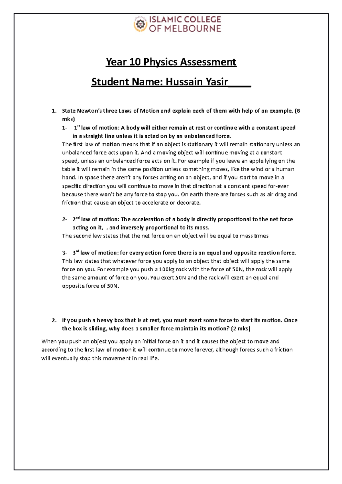 Hussain Yasir - Physics Assignment T3 - Year 10 Physics Assessment ...