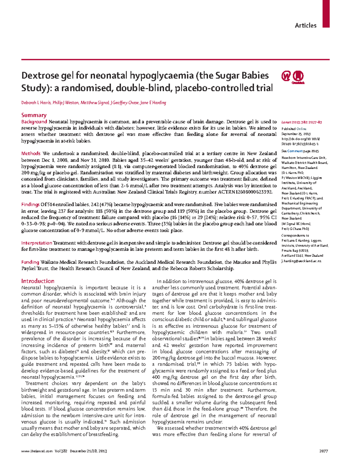 Harris 2013 - dkla - Dextrose gel for neonatal hypoglycaemia (the Sugar ...