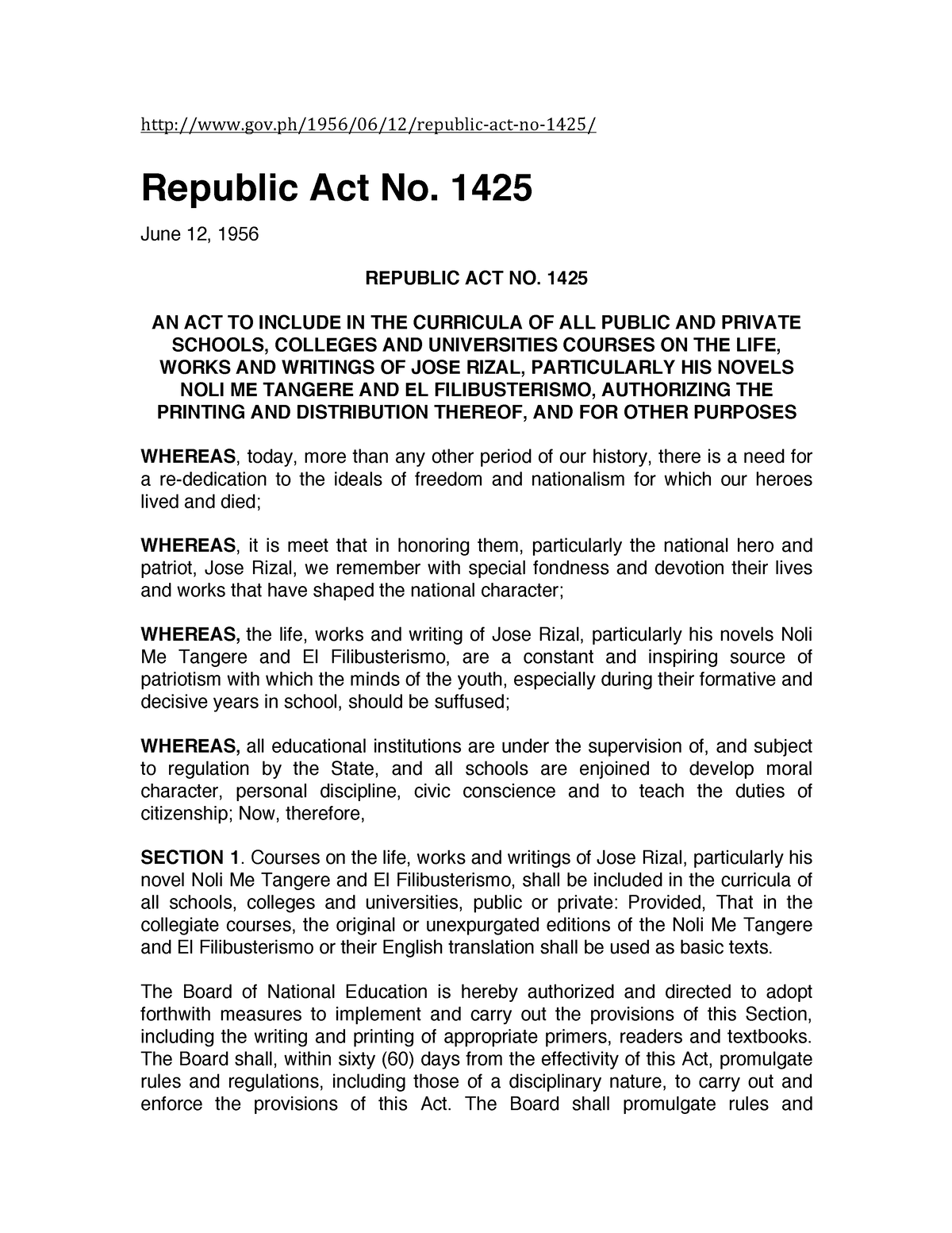 The Rizal Law REPUBLIC ACT NO. 1425 - gov/1956/06/12/republic-act-no