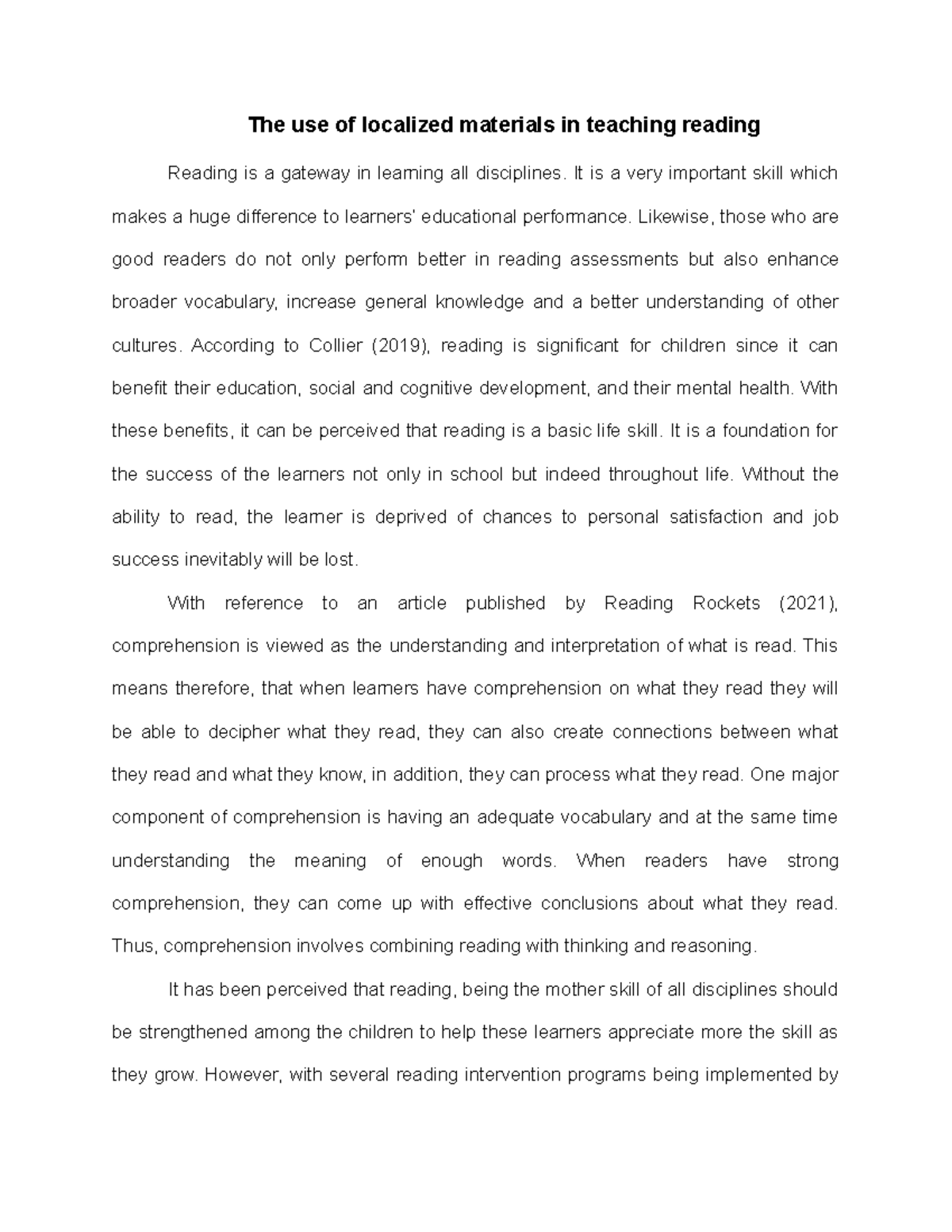 The use of localized materials in teaching reading It is a very