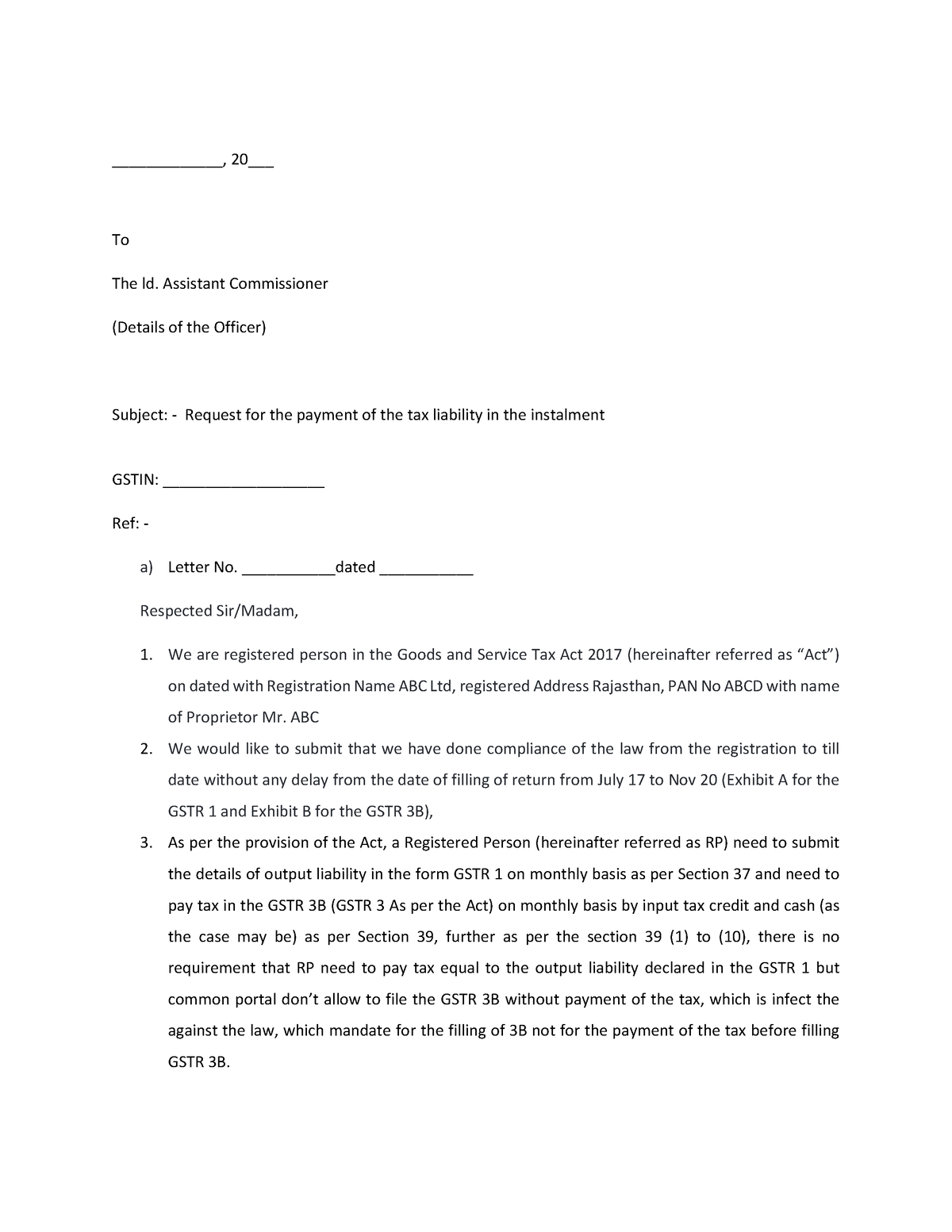 Request letter for the payment of tax i.e. 3B liablity in the ...