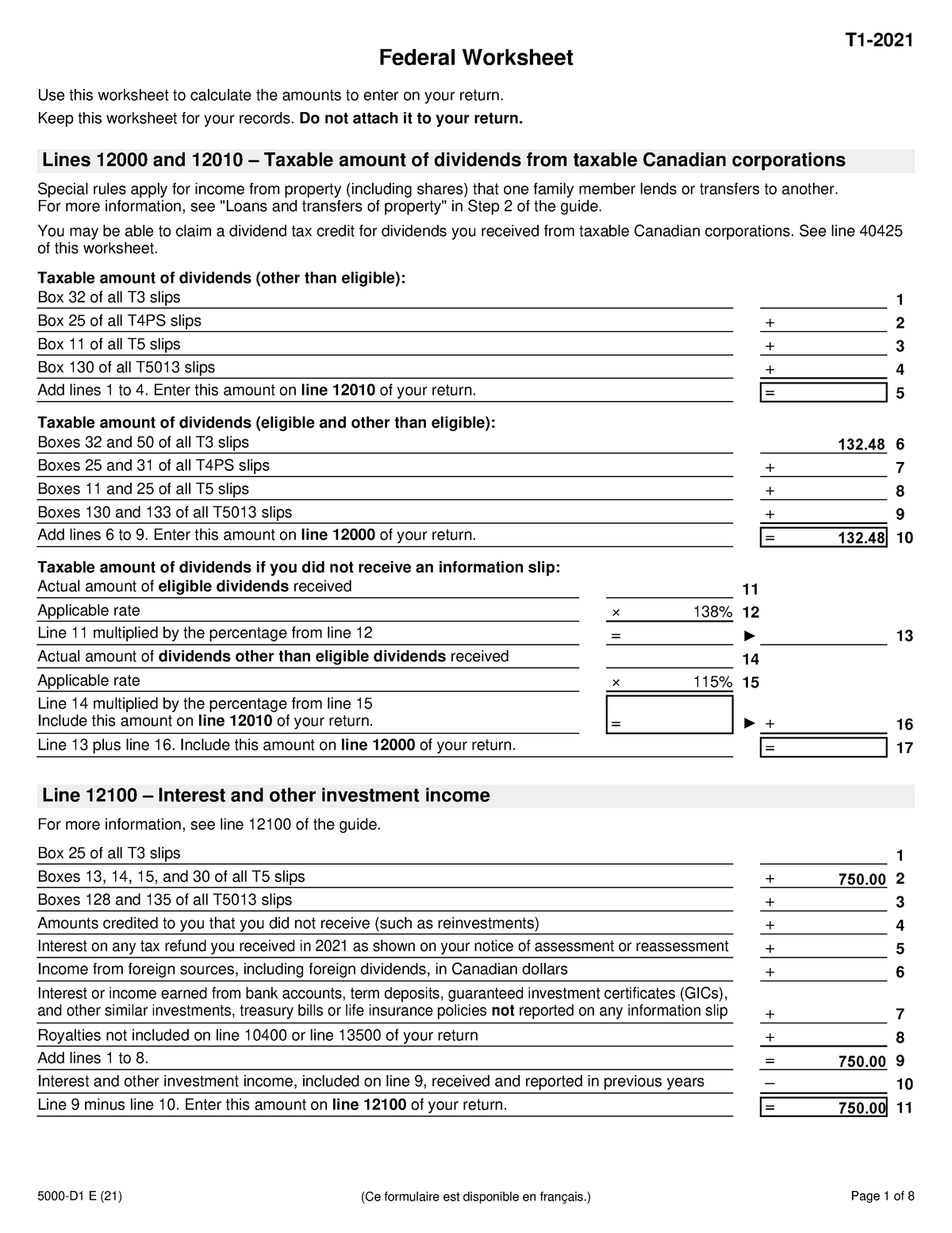 5000D1 Federal Worksheet2021e T1 Federal Worksheet Use this