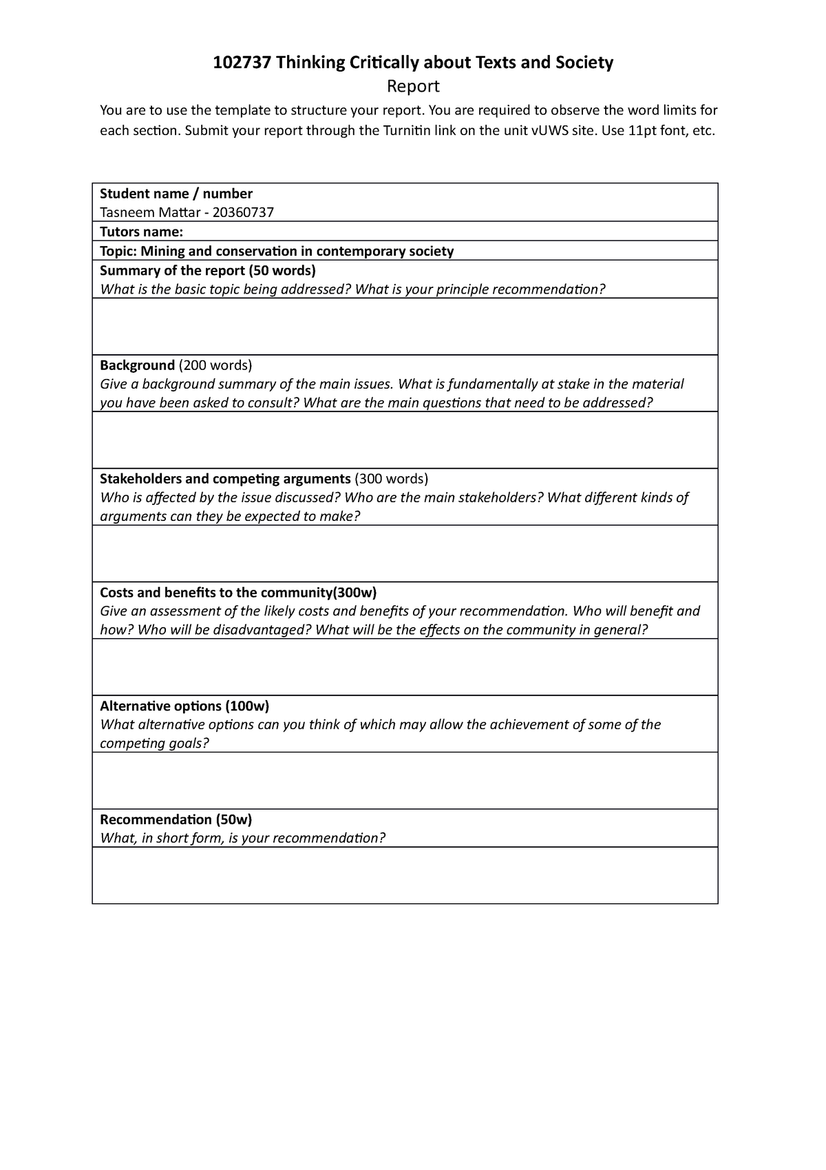 Report template - iuhiuh - 102737 Thinking Critically about Texts and ...