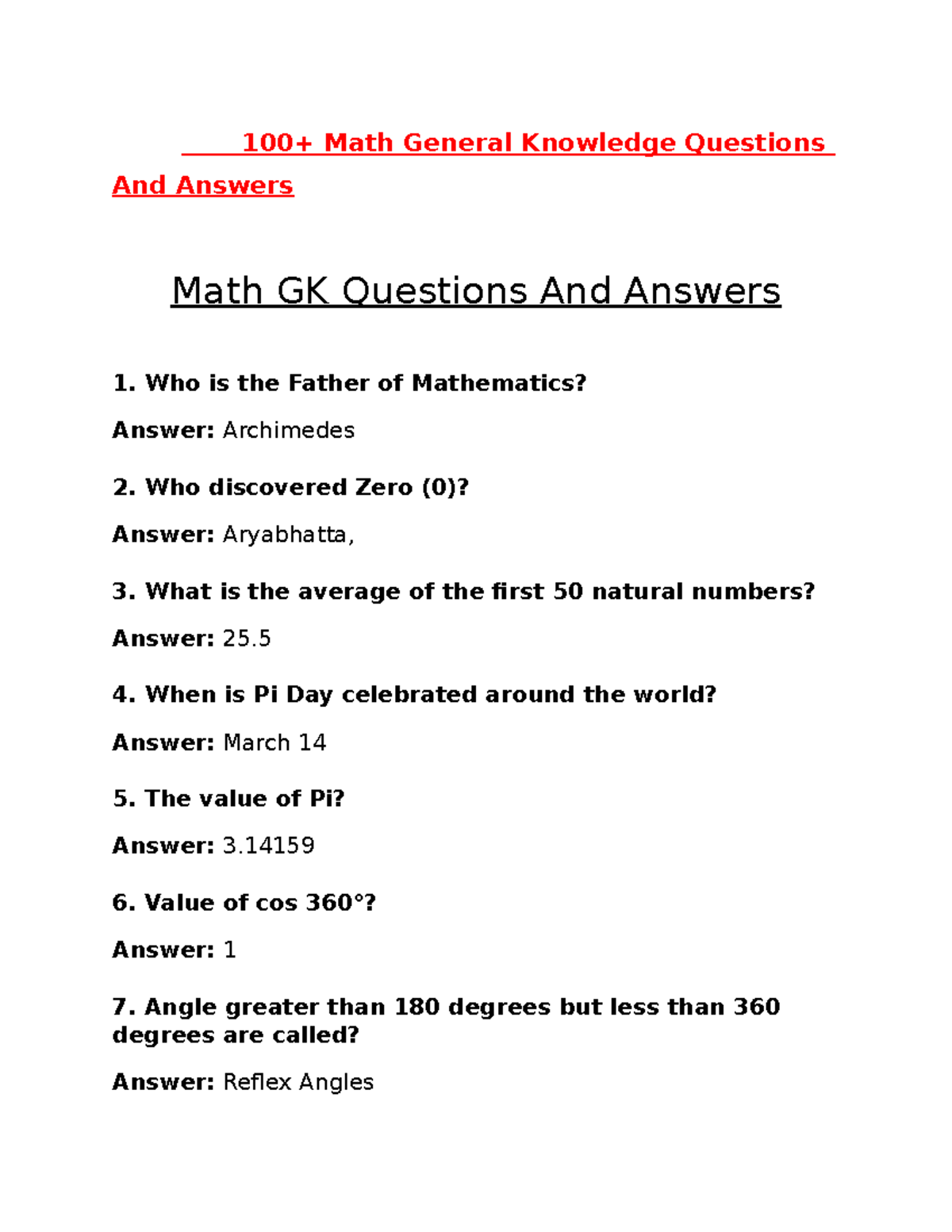 100+ Maths General Knowledge Questions And Answers When is Pi Day