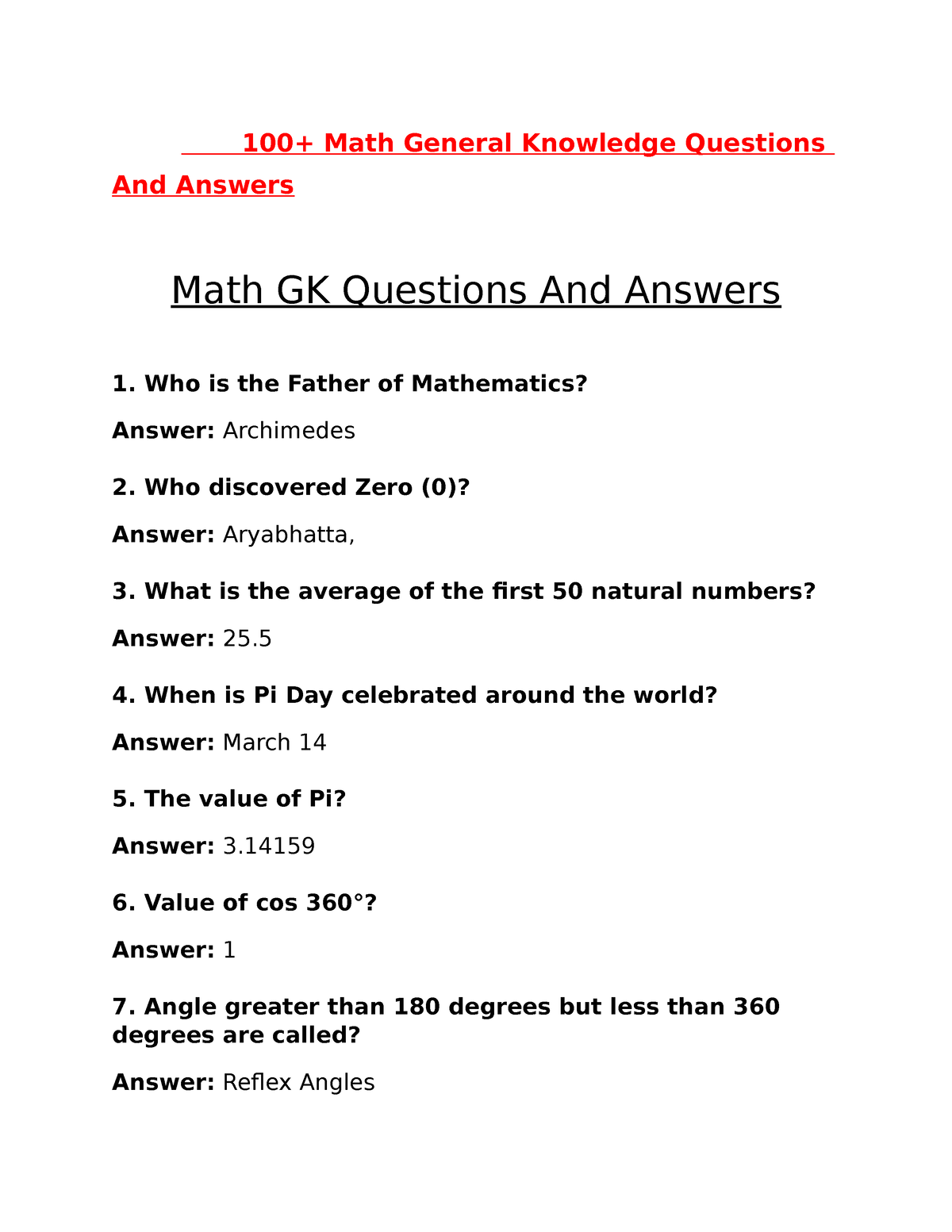 100 Maths General Knowledge Questions And Answers When Is Pi Day 