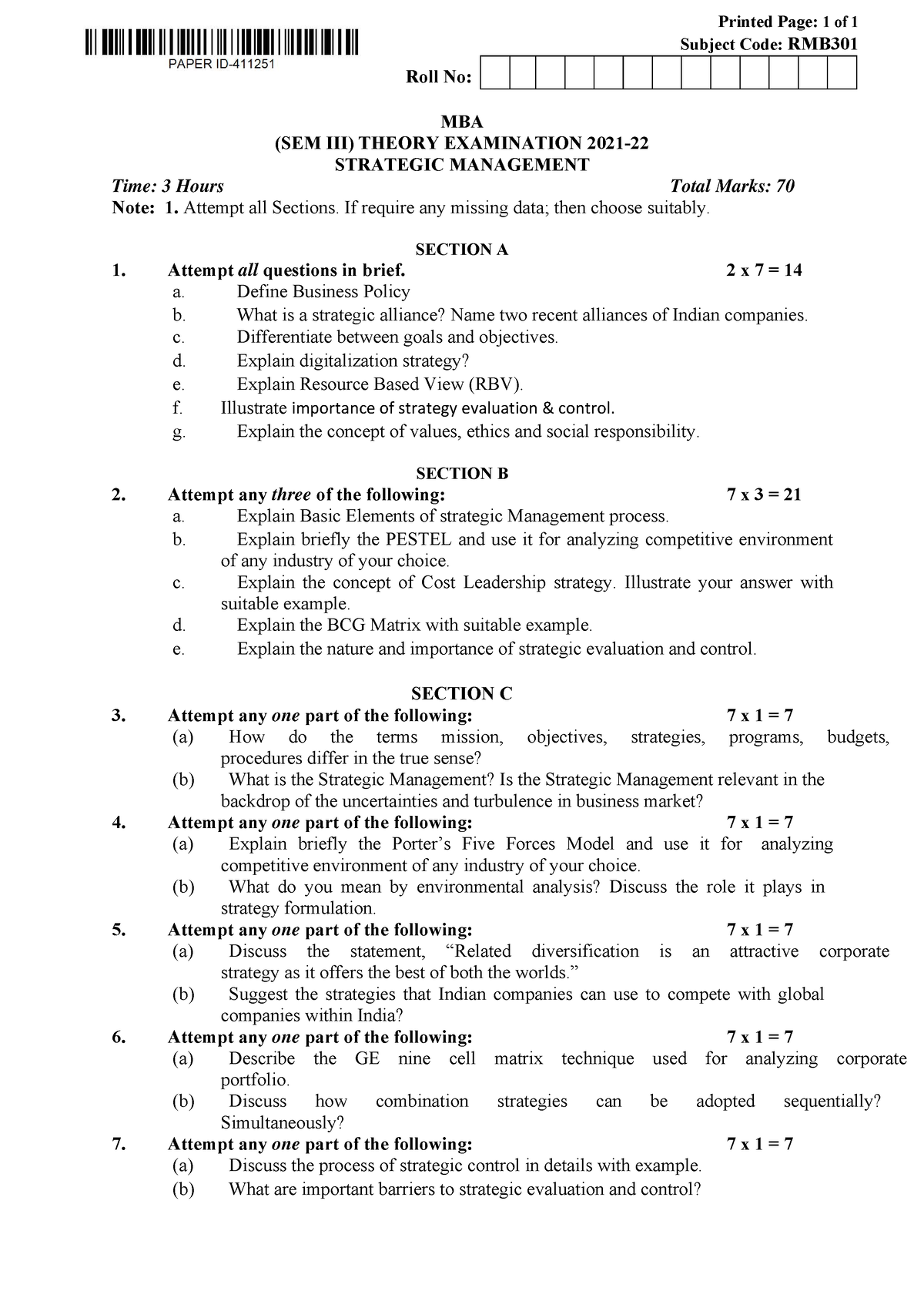 Mba 3 sem strategic management rmb301 2022 - Printed Page: 1 of 1 ...