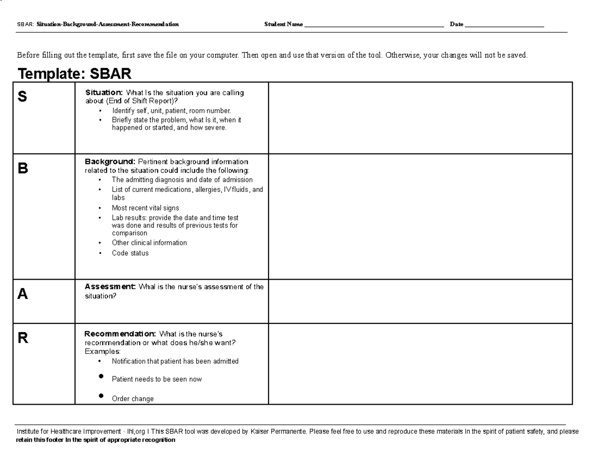 SBAR Form 1 - pharm review - SBAR: Situation-Background-Assessment ...