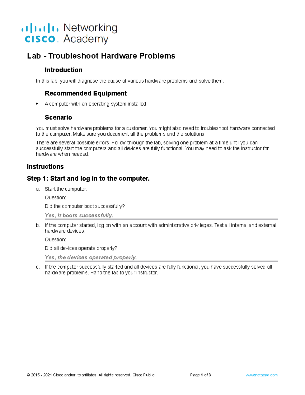CPE 103 Assignment 2.2 Troubleshoot Hardware Problems Lab