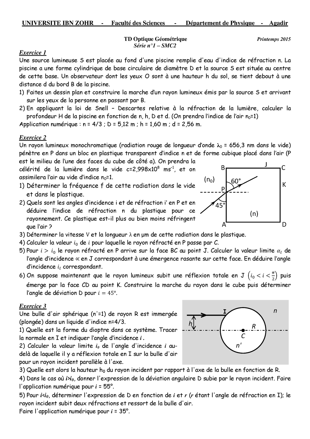 Série 1 Optique 2015 Corrigé - UNIVERSITE IBN ZOHR - Faculté Des ...