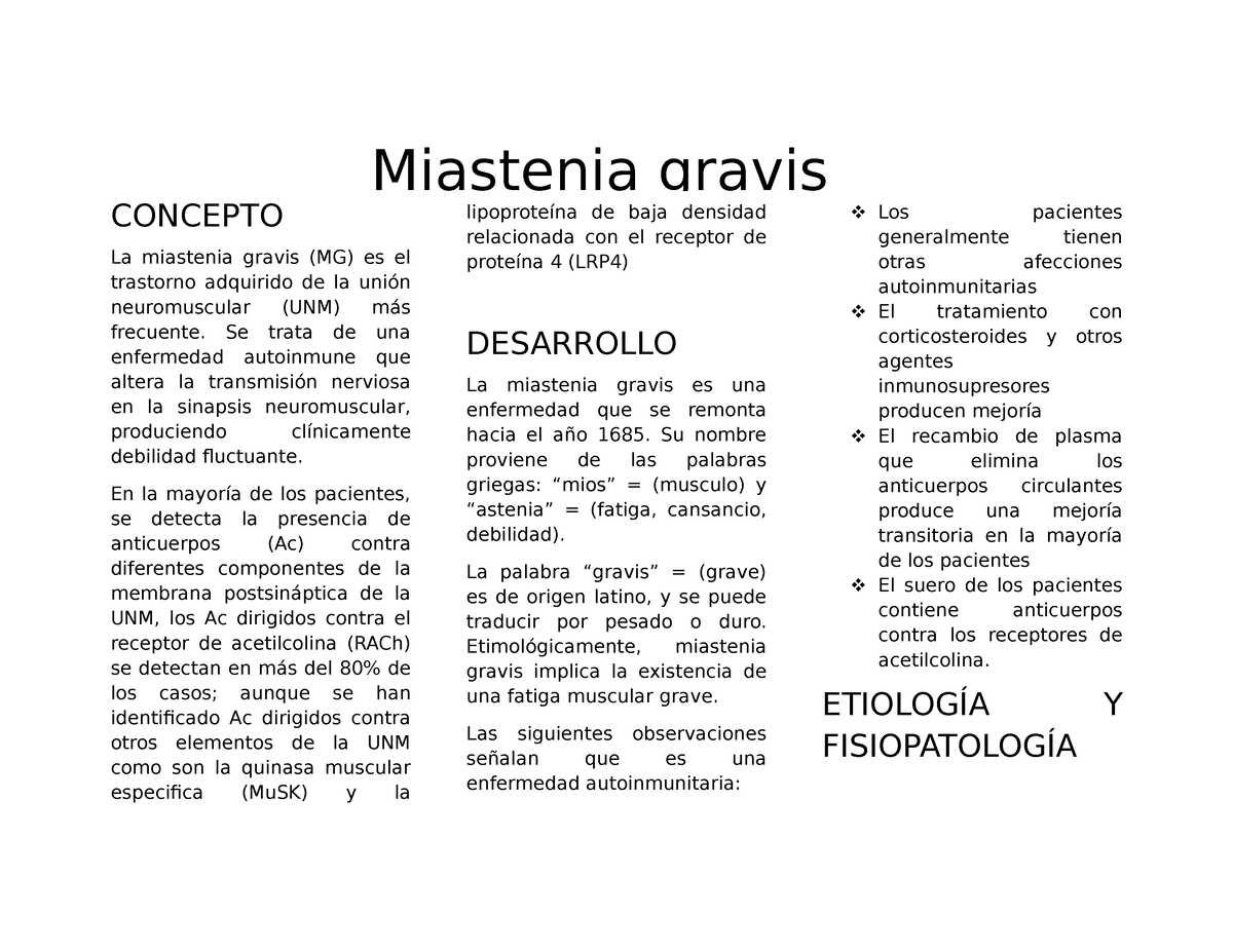 Miastenia Gravis Definición Etiologia Fisiopatologia Clinica Diagnostico Y Tratamiento De 9348