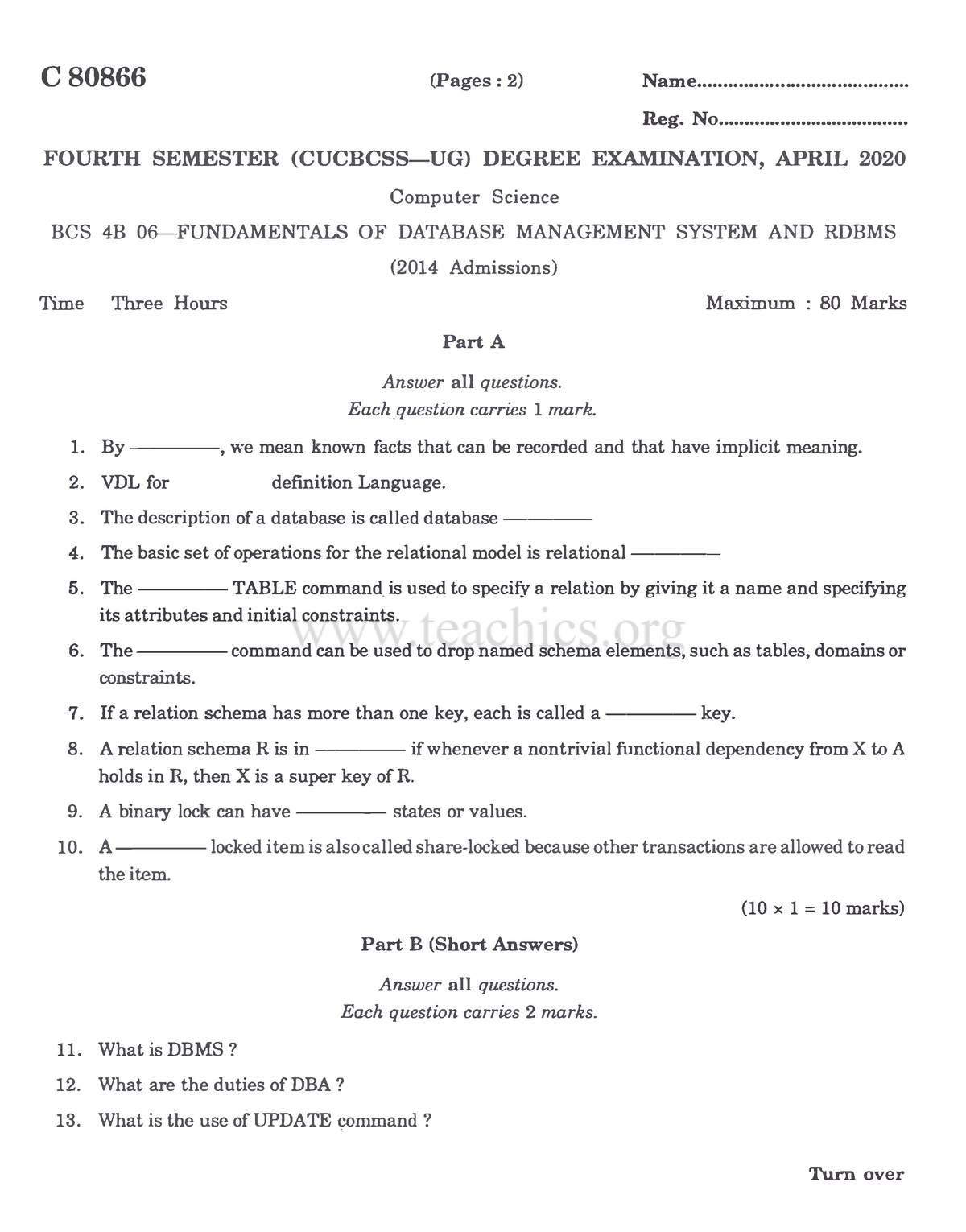 DBMS question paper - C80866 (Pages: 2) Name ...