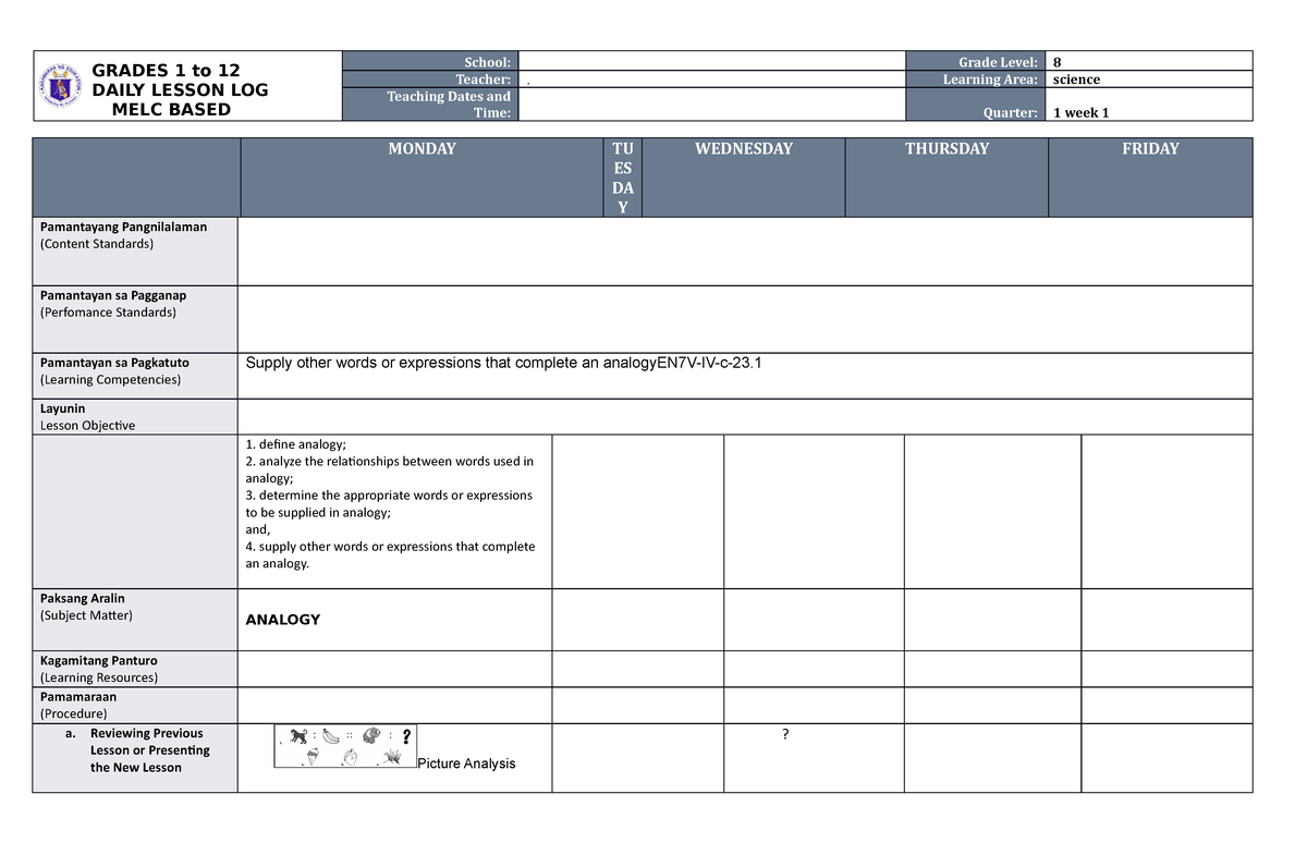 MELC DLL ENG 7 WEEK 1 Q1 Done - GRADES 1 To 12 DAILY LESSON LOG MELC ...